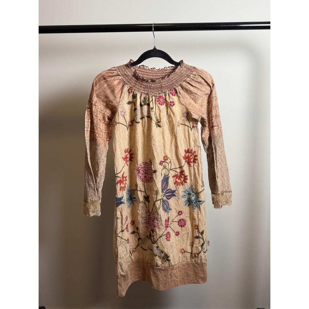 Savage Culture Boho Floral Embroidered Lace Sleeve Smocked Mini Dress Tan Med